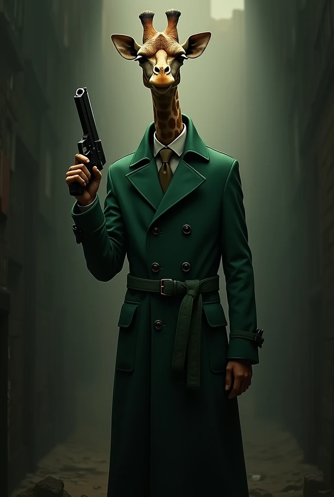 Mafia giraffe standing with a gun wearing a green trench coat