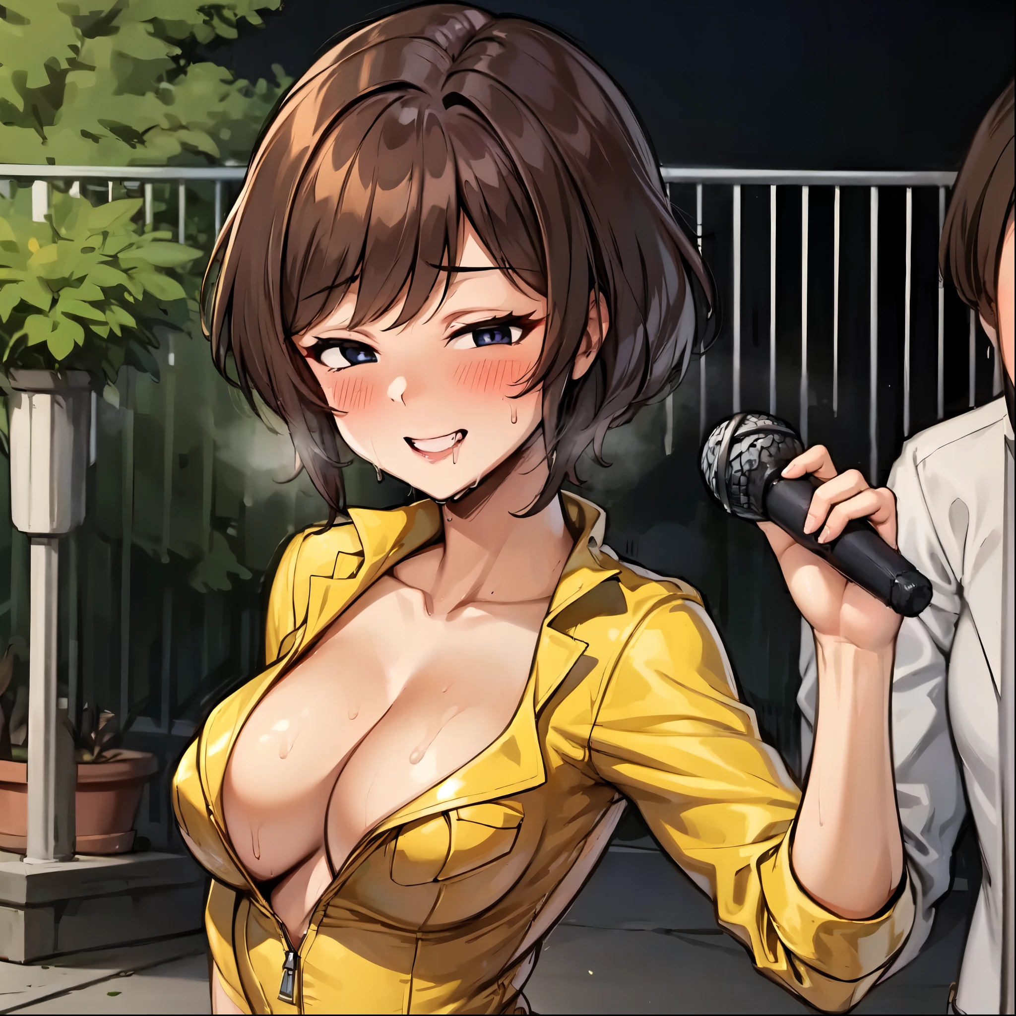 （（super high quality,Ultra-high resolution,16K,super masterpiece,Ultra HD ,Detailed shading,））A dimly lit park at night,（（３People Women,Sexy older sister））,Cleavage,Yellow jumpsuit,White belt at waist,popped Tight collar,smile,blush,Sweaty,holding a microphone in his hand,A small amount of drooling,