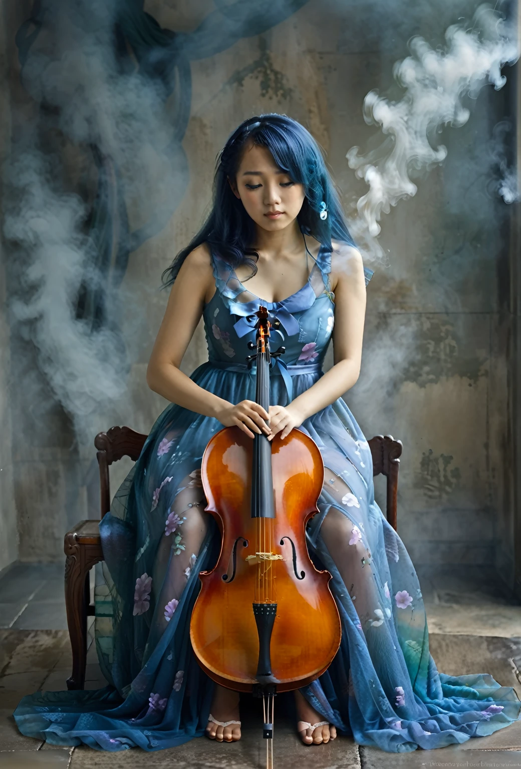 a woman, sitting, playing a cello, cello between her legs, holding a bow. blue dress, dress is partly opaque. mixed race Korean-Nigerian woman, dyed blue hair, fantasy scene, smoke, mist. portrait shot, woman is playing the cello. deep in thought, calm, serene. high quality fantasy stock photo