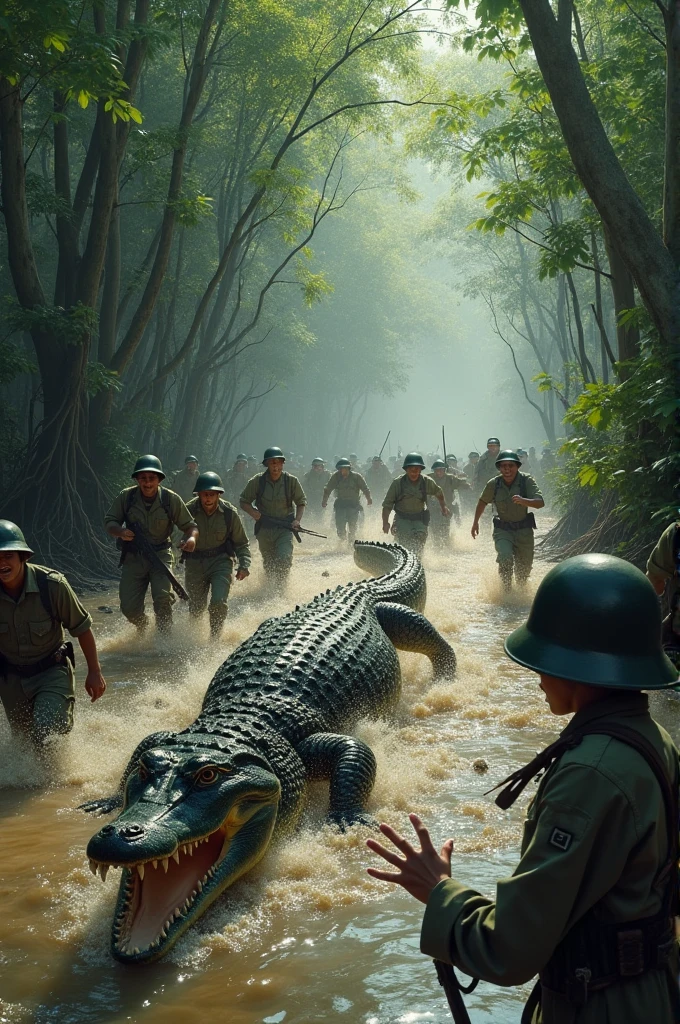 Japanese Soldiers Fleeing Crocodiles: "A chaotic scene in the middle of the day on Ramree Island. Japanese soldiers in disarray are fleeing through the muddy swamps, with several massive saltwater crocodiles emerging from the water in pursuit. The soldiers, some already injured, show expressions of fear and panic. The dense mangrove trees and twisted roots create a labyrinth-like environment, trapping the soldiers with little hope of escape."