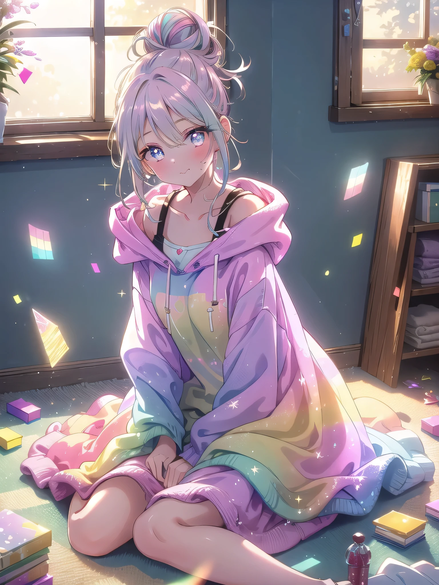 ((8k, Highest quality, masterpiece: 1.3)),Ultra-high resolution,(1 girl, alone), (Color changing eyes, Ultra-detailed, Expressive brilliance, Glitter, Glowing Eyes), Highly detailed eyes, Highly detailed face, Random Hair, ((pastel colour))A beautiful woman sitting on the living room floor, surrounded by unfolded laundry. She’s dressed in an oversized sweatshirt and leggings, with her hair in a messy bun. The afternoon sun streams through the windows, casting a soft glow on the scene. She looks up at the camera with a playful pout, her eyes twinkling with mischief, as if she’s playfully hinting for her boyfriend to come help her with the chores.