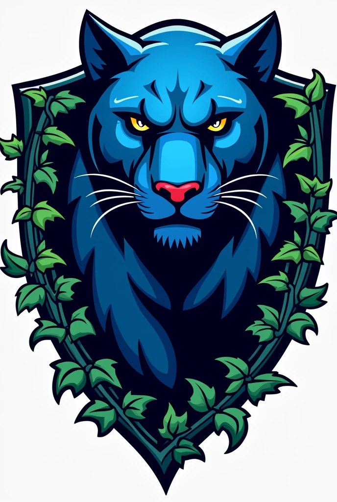 create a sports shield logo with blue panther and ivy in it