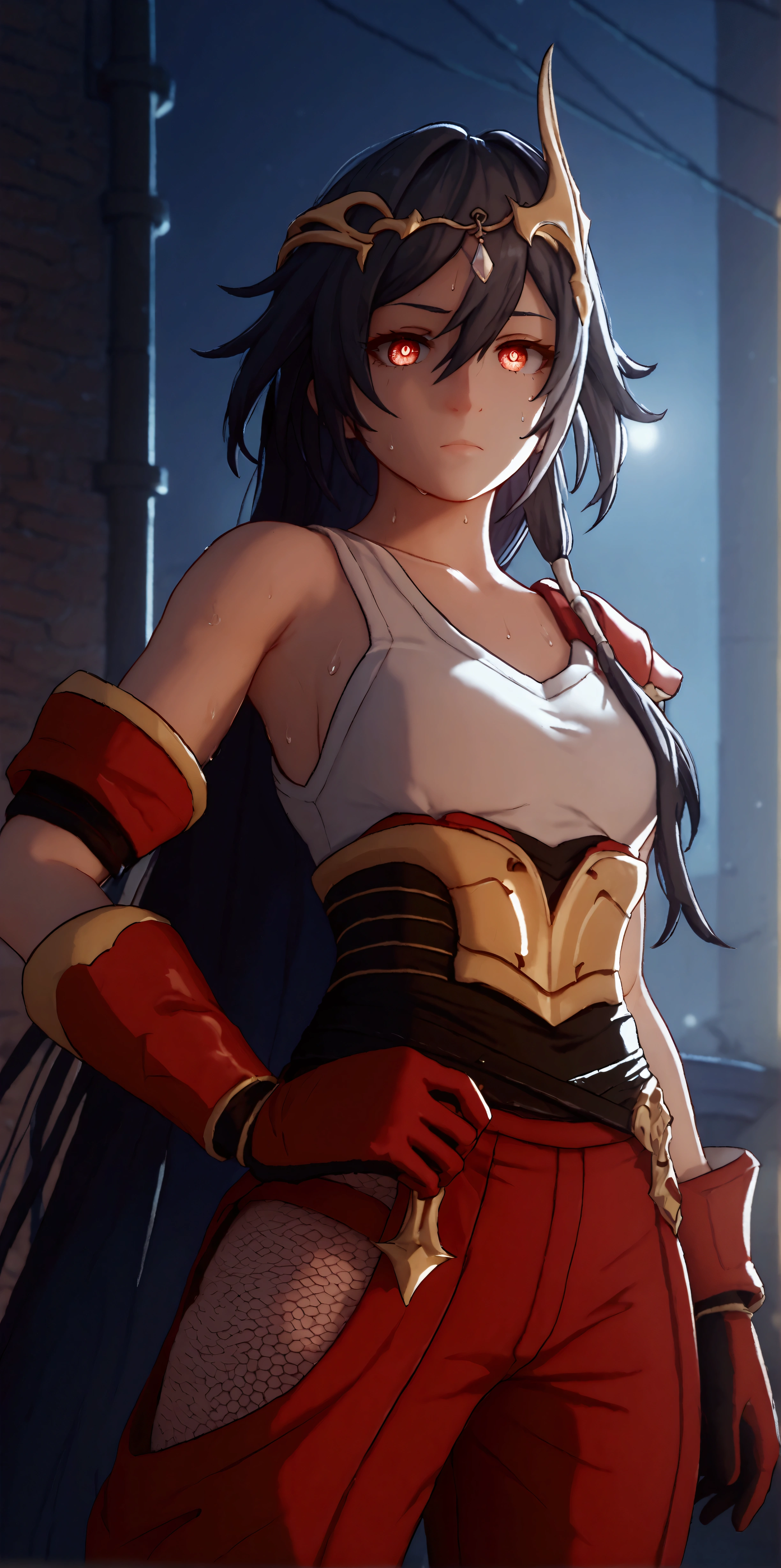 score_9, score_8_up, score_7_up, uncensored, score_9, score_8_up, score_7_up, score_6_up, uncensored, HoSenti, Senti_Default, long hair, black hair, hair ornament, red eyes, hair between eyes, BREAK detailed eyes, beautiful eyes, assertive female, (perfect face), (perfect hands, perfect anatomy), detailed skin texture, (blush:0.5), (goosebumps:0.5), excessive sweating, sweating profusely, sweating drop BREAK, white tank top, red (samurai armor), red gloves, pants, (getting undressed), night city, neon lights, dim lighting, dark alley, looking at viewer, 