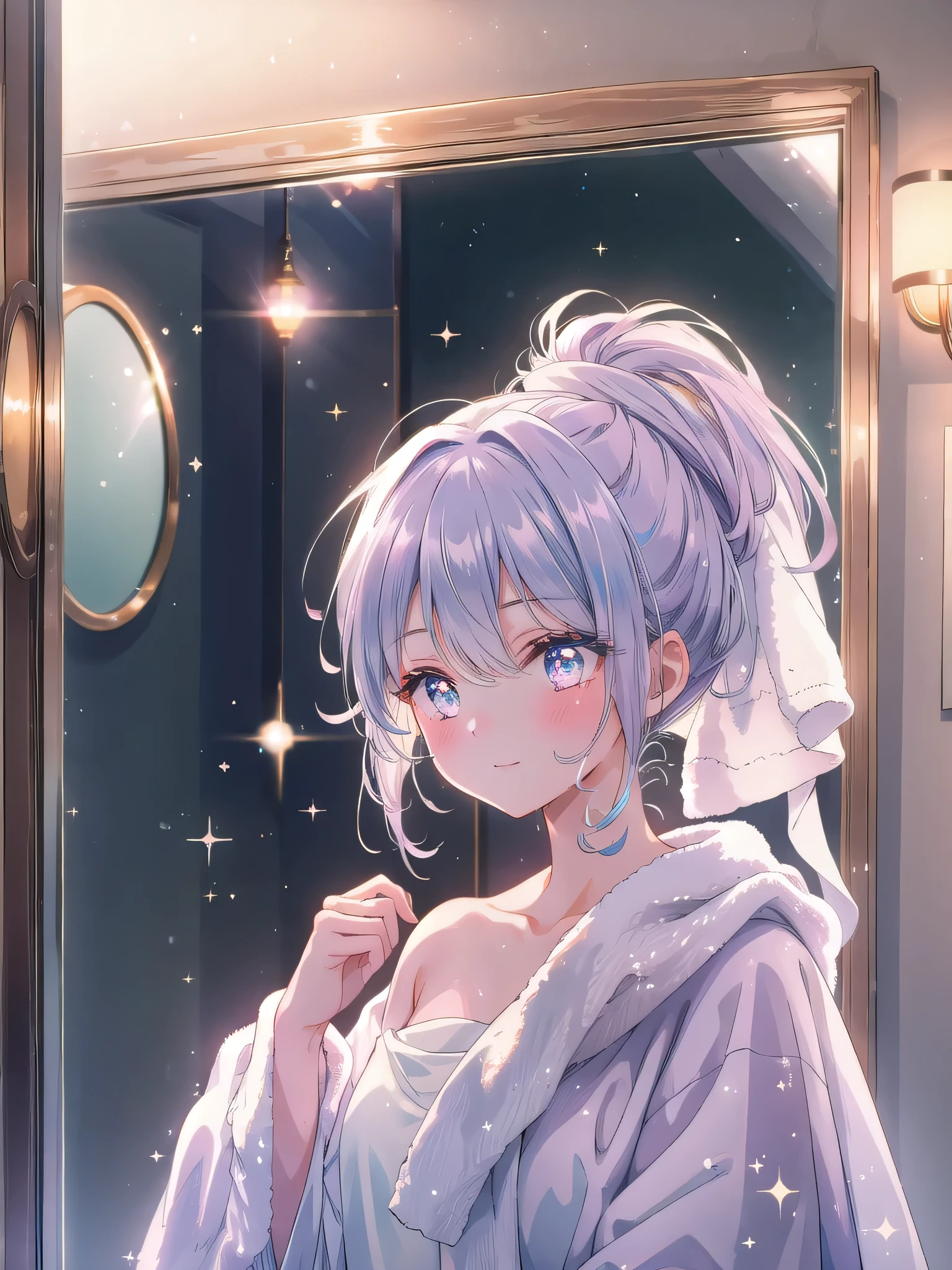 ((8k, Highest quality, masterpiece: 1.3)),Ultra-high resolution,(1 girl, alone), (Color changing eyes, Ultra-detailed, Expressive brilliance, Glitter, Glowing Eyes), Highly detailed eyes, Highly detailed face, Random Hair, ((pastel colour))A lovely woman standing in front of the bathroom mirror, wearing a white robe with her hair wrapped in a towel. The room is softly lit by the warm glow of the evening light. She’s gently patting her face with a towel, her expression calm and serene, her eyes closed in relaxation. She catches the camera’s reflection in the mirror, giving a soft, knowing smile, as if sharing a quiet, intimate moment after a long day.