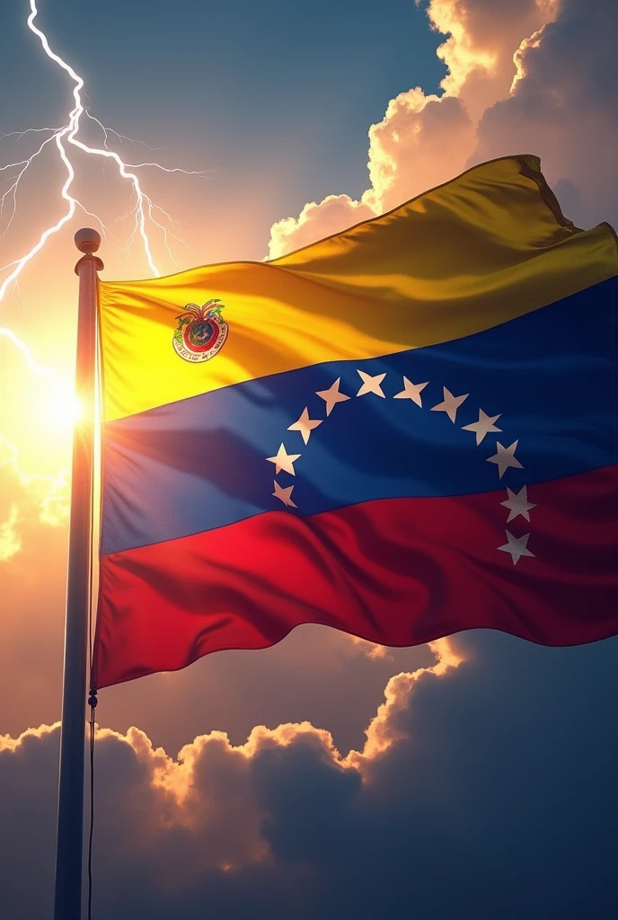 A sky of 3 colors, yellow, blue and red, forming the flag of Venezuela, in a corner the radiant sun, On the other side a lightning bolt falls.