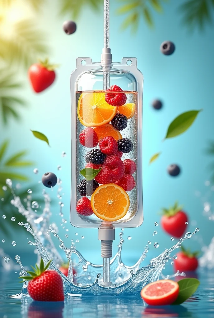  Super Realistic Iv drip with water and fruits inside of it and a water splash with more fruits background