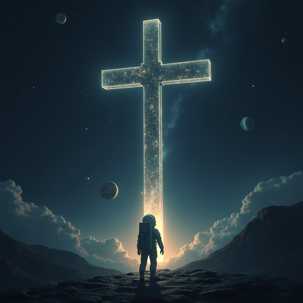 The Cross , outer space , constellations, stars , planets , an astronaut 