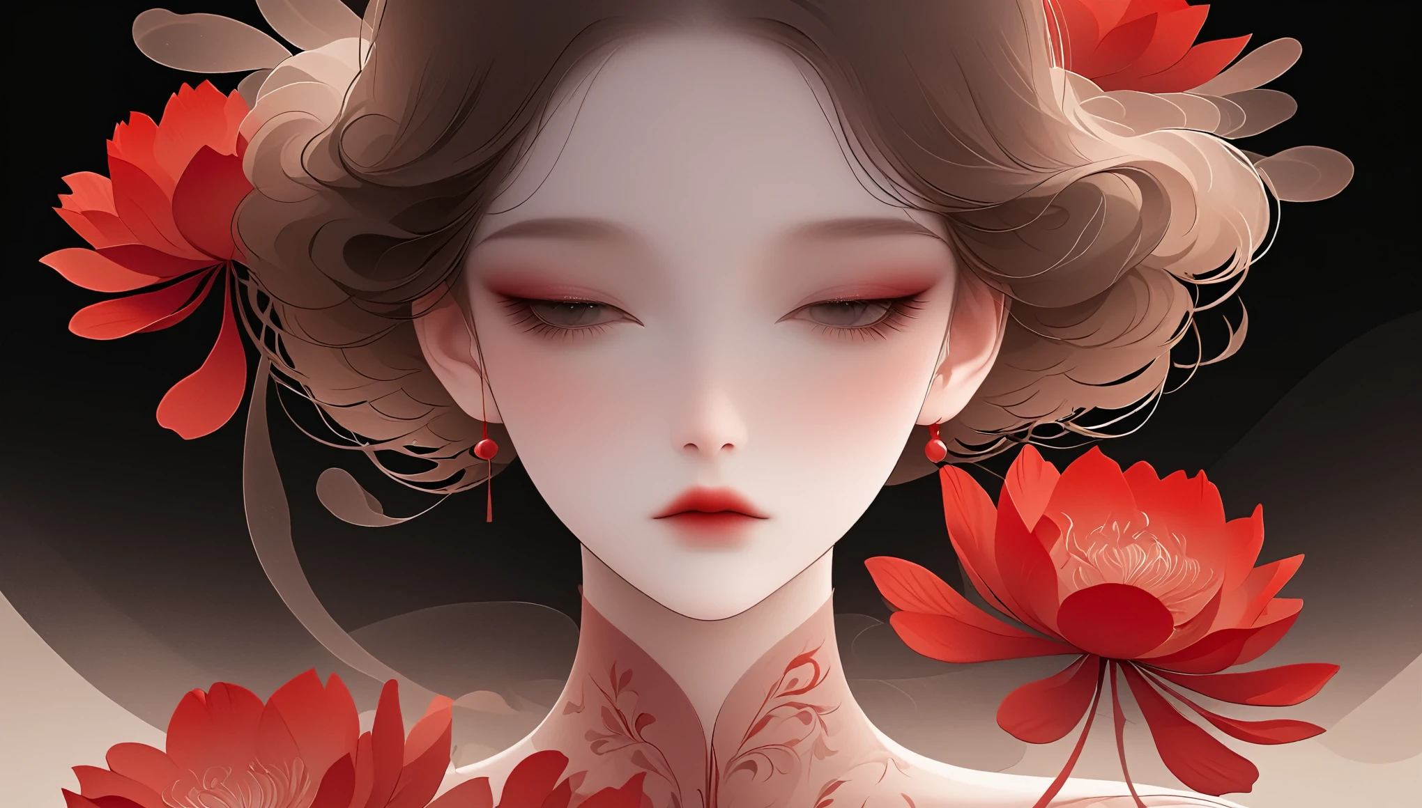 (masterpiece, best quality:1.2), 1 girl, Solitary,Pretty Face,Red Lipoism Art Nouveau,Illustration style,Black and red,Flowers