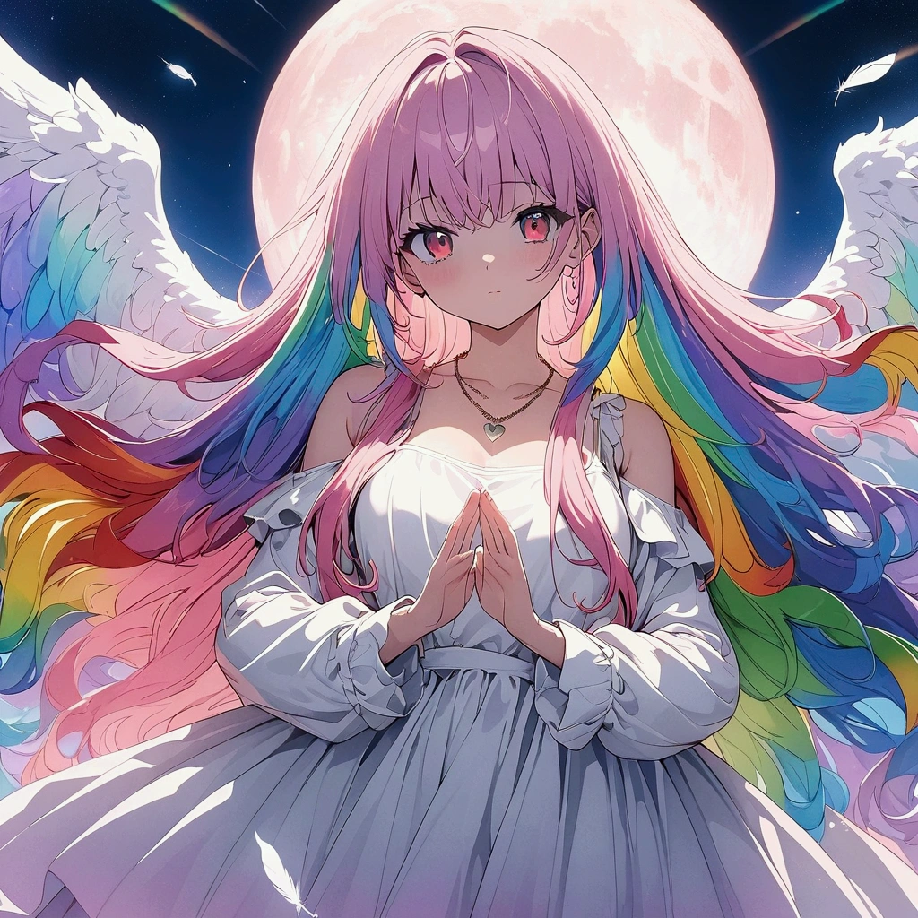 (((anime))) One Woman,Making a heart with hands,Pink Heart,Angel,Iridescent Feathers,Long Hair,(Rainbow Hair),Bangs parted in the center,Inside the hair,Shine,Angelの輪,necklace,Wink,Filmography,Red eyes,Big eyes, white camisole,Volume sleeve,Long skirt,night,full moon,star,Backlight,masterpiece,Highest quality,Exquisite,8k,Absurd,Ultra-fine illustrations,(View your audience)