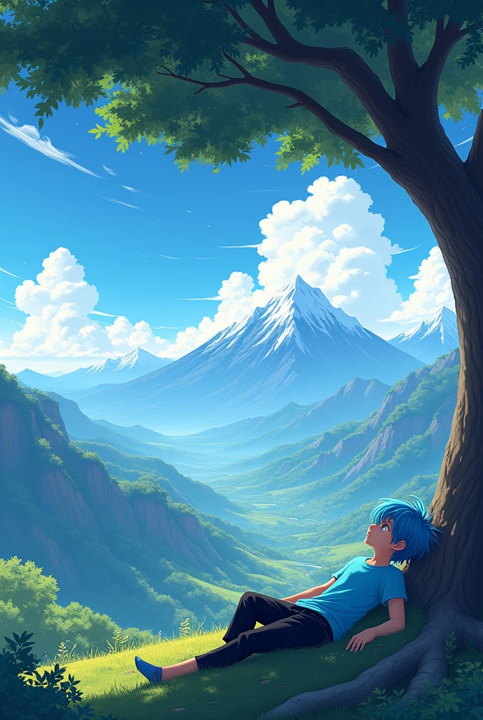 Craft a visually stunning artwork blending anime aesthetics with natural landscapes, depicting a boy resting under a tree while marveling at the grandeur of mountains and the ethereal beauty of clouds in the sky. Skyblue hair skyblue t shirt man black pant