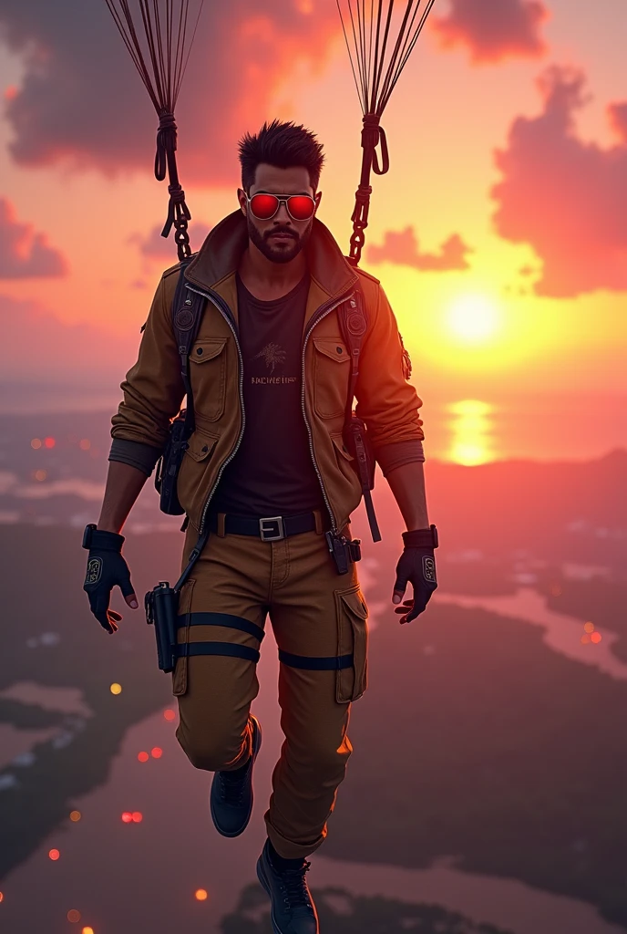 Title: "Alok: The Beat of Survival"

Scene 1: Location: Free Fire Island - Sunset

Alok Free Fire arrives on the island by parachute, his signature sunglasses reflecting the fiery sky. He scans the surroundings, ready for battle.