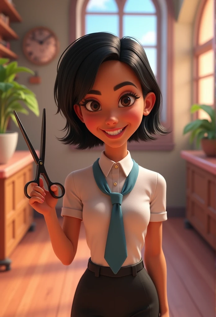 an adult head of hair in black uniform, happy with scissors in hand disney pixar style