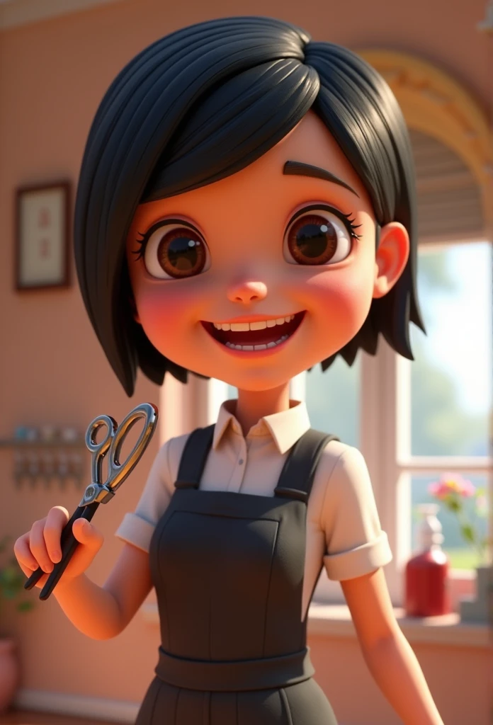 an adult head of hair in black uniform, happy with scissors in hand disney pixar style