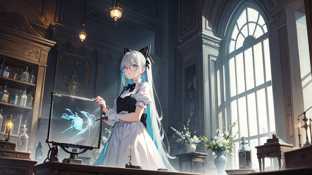 1girl, a beautiful scientist girl, serious expression, gray hair color, long hair, cyan eyes, glasses, white gothic dress, black bow tie and ribbon, ancient roman laboratory background, full of glass bottles and lab equipment, colorful windows, (darkroom:1.5), anime, fantasy, ancient roman style, Deviant Art, focus, masterpiece, sharp focus, 8k, classical, [fog:0.5], [windowlight:1.1]