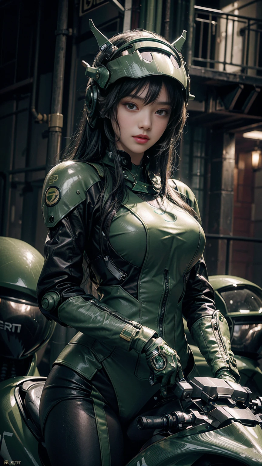 Highest image quality, outstanding details, ultra-high resolution, (realism: 1.4), the best illustration, favor details, highly condensed 1girl, with a delicate and beautiful face, dressed in a black and green mecha, wearing a mecha helmet, holding a directional controller, riding on a motorcycle, the background is a high-tech lighting scene of the future city.