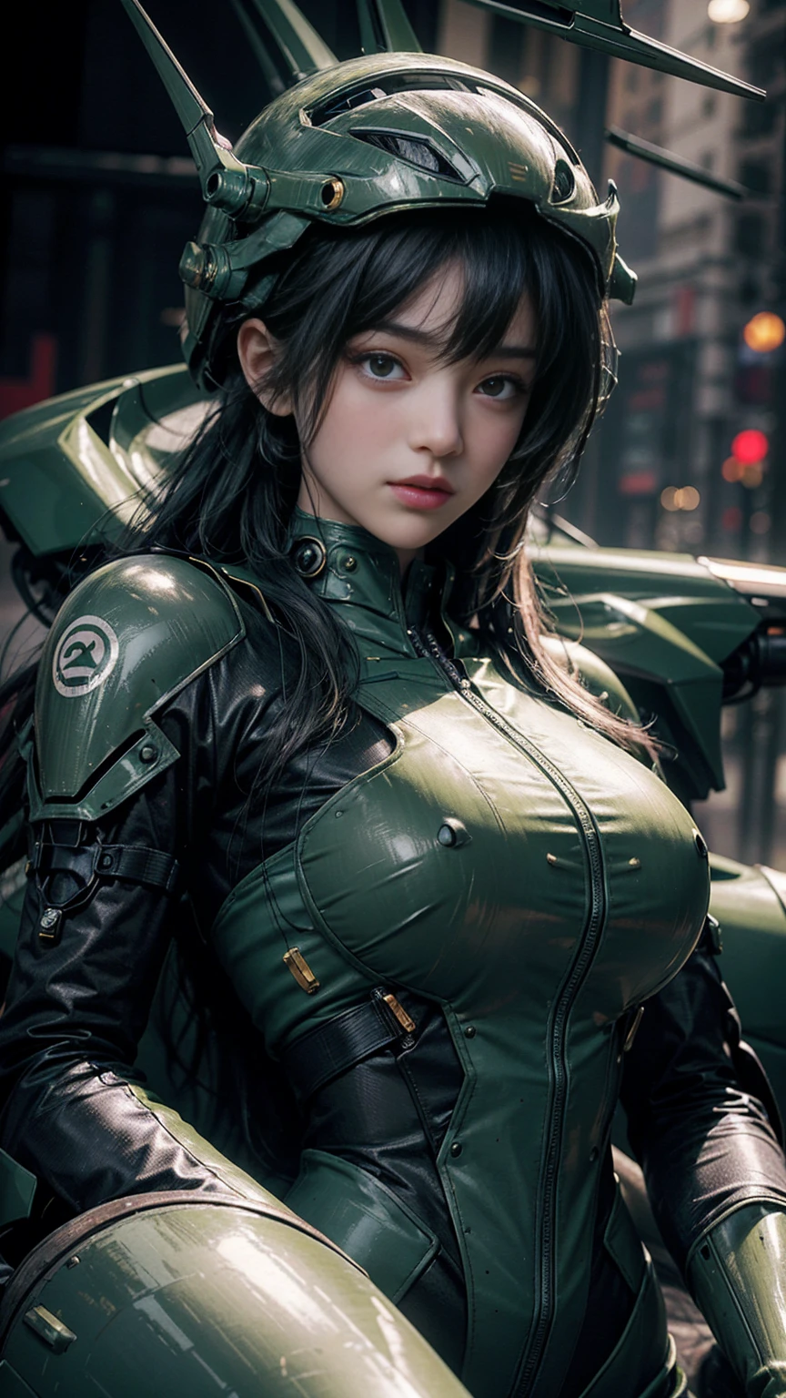 Highest image quality, outstanding details, ultra-high resolution, (realism: 1.4), the best illustration, favor details, highly condensed 1girl, with a delicate and beautiful face, dressed in a black and green mecha, wearing a mecha helmet, holding a directional controller, riding on a motorcycle, the background is a high-tech lighting scene of the future city.