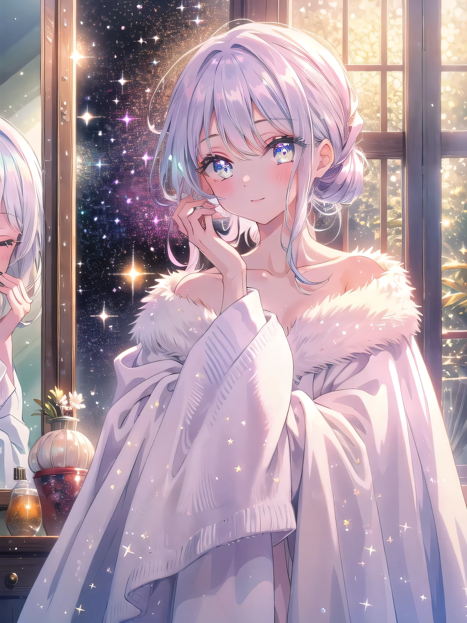 ((8k, Highest quality, masterpiece: 1.3)),Ultra-high resolution,(1 girl, alone), (Color changing eyes, Ultra-detailed, Expressive brilliance, Glitter, Glowing Eyes), Highly detailed eyes, Highly detailed face, Random Hair, ((pastel colour))A lovely woman standing in front of the bathroom mirror, wearing a white robe with her hair wrapped in a towel. The room is softly lit by the warm glow of the evening light. She’s gently patting her face with a towel, her expression calm and serene, her eyes closed in relaxation. She catches the camera’s reflection in the mirror, giving a soft, knowing smile, as if sharing a quiet, intimate moment after a long day.
