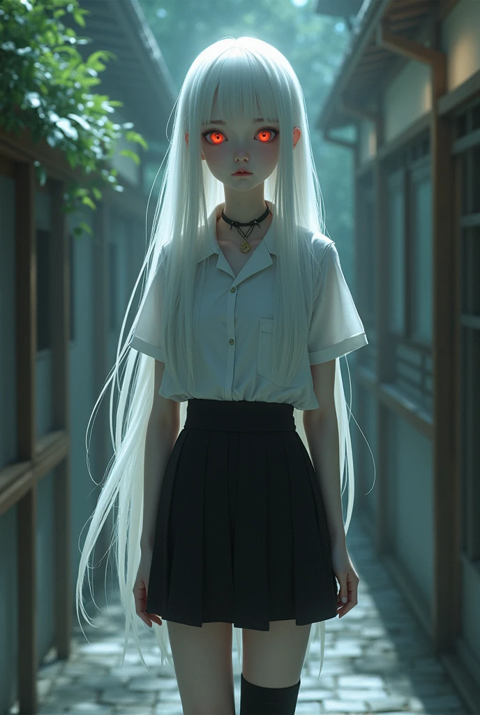 1, tall, bright white hair, big red eyes, she wears a school uniform, a short black skirt, long socks, a white shirt, her skin is bright white, she is a calm and kind person. 