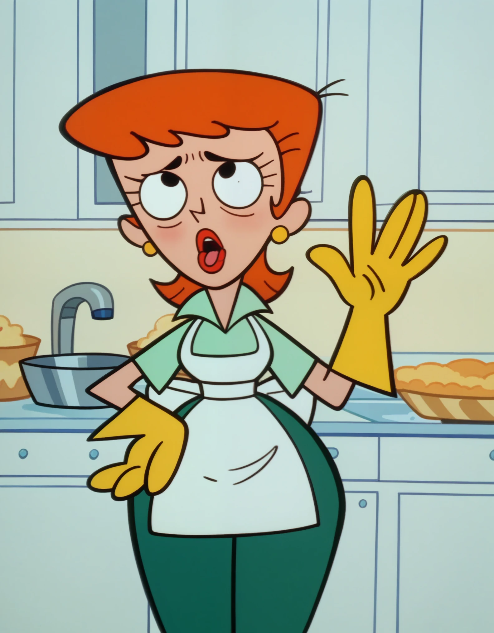 dextersmom, standing alone, 1 girl, Aqua shirt, green pants, rubber gloves, hair orange, aretes, apron, shorth hair, ssmile, kitchen, lipstick, just the face, ahegao, looking ahead at viewer, hand on own hip, cowboy shot,