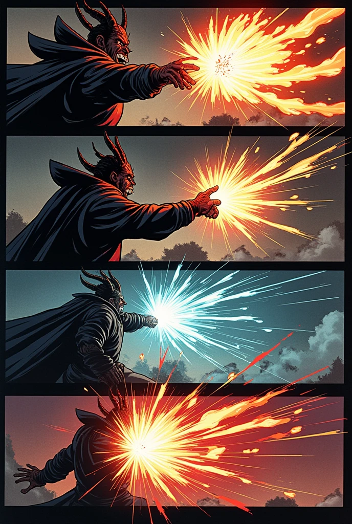Give me a panel of main villain was ready to use a dead technique and said that will said "scale of the dragon" and second panel main villain said "recoil" and the third panel main villain said " twin meteor" and next panel said " world cutting slash " and the next panel main character was shock after he gets hit of main villain world cutting slash
Manga panel