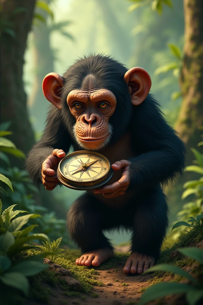 I need a picture showing a chimpanzee in the forest holding a compass that points south

