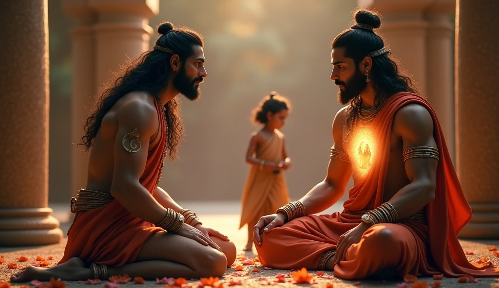 Hanuman’s Devotion to Rama"**: A serene and heartfelt image of Hanuman kneeling before Rama and Sita, presenting his heart. Within his chest, a glowing image of Rama and Sita is seen, symbolizing his unwavering devotion and love. Rama and Sita look upon Hanuman with gratitude and blessing, while Lakshmana stands beside them, witnessing this divine moment.