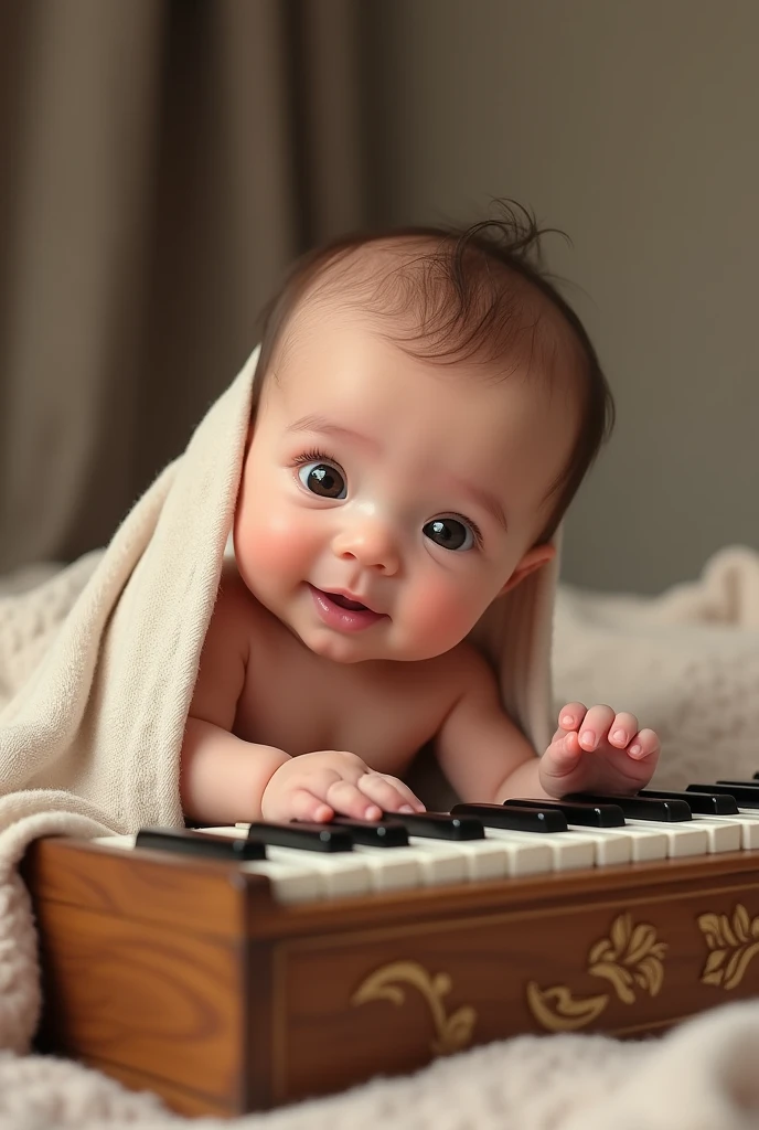 A newborn baby boy. Playing with harmonium. Hd image