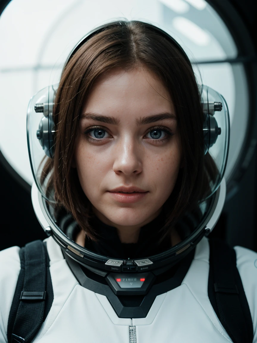 photo of woman, futuristic space suit, (freckles:0.8) cute face, Science fiction, space base, detailed eyes, Blue eyes