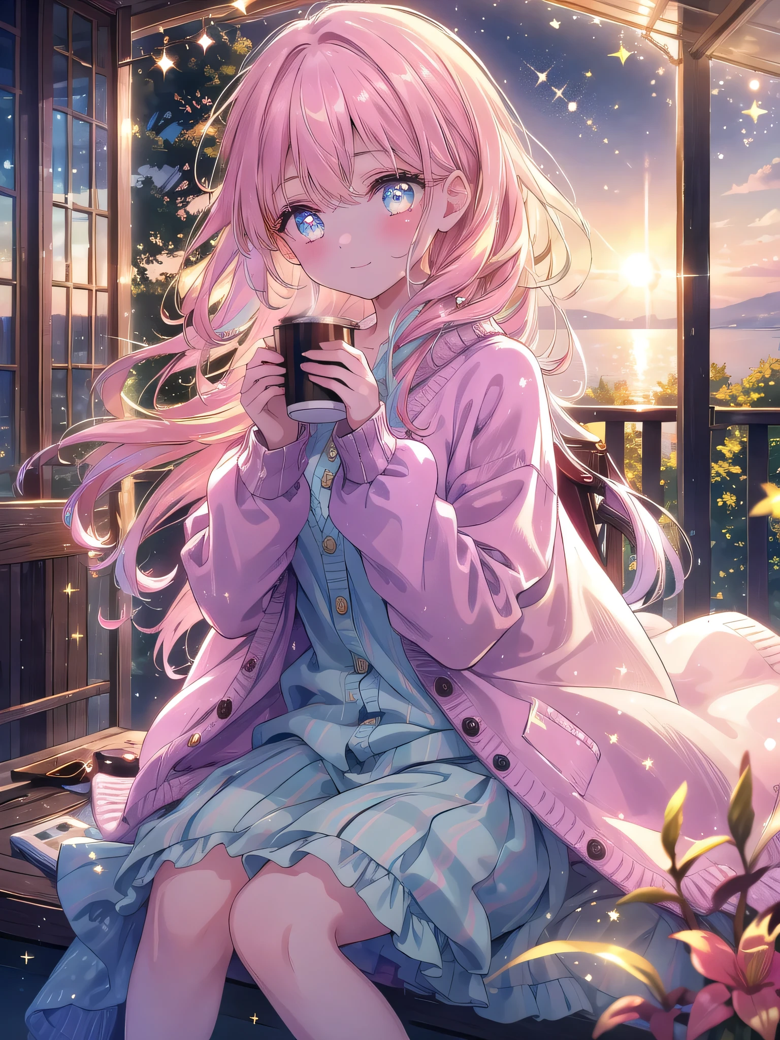 ((8k, Highest quality, masterpiece: 1.3)),Ultra-high resolution,(1 girl, alone), (Color changing eyes, Ultra-detailed, Expressive brilliance, Glitter, Glowing Eyes), Highly detailed eyes, Highly detailed face, Random Hair, ((pastel colour))A stylish woman sitting on the balcony in the early morning, dressed in a cozy cardigan and pajama shorts. The sun is just beginning to rise, casting a golden light across the scene. She’s holding a cup of coffee, her face resting on her hand as she gazes out at the view with a dreamy, distant expression. Her eyes reflect the soft light of the dawn, and she occasionally glances at the camera with a gentle, wistful smile, as if lost in her thoughts.