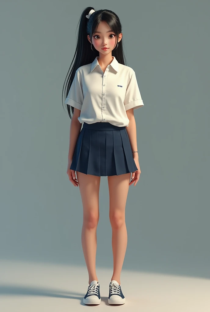 a 8k realistic photo for a young woman, around 18. She is an attractive, small, and high school student with long, straight black hair tied to the right side with a pair of white hairpins. She has tanned skin with notable, though sometimes inconsistent, tan lines in the shape of her swimsuit, and large, expressive amber garnet eyes. She has a metal piercing on her upper right ear, and both earlobes are pierced, though she rarely wears earrings. She has a slim, athletic, slender, and very flexible figure with an average bust size. She typically wears her school uniform, which consists of a white button-up shirt (whose sleeves and collar she never keeps buttoned) and a navy blue skirt, completed with a pair of sneakers and no socks., photo