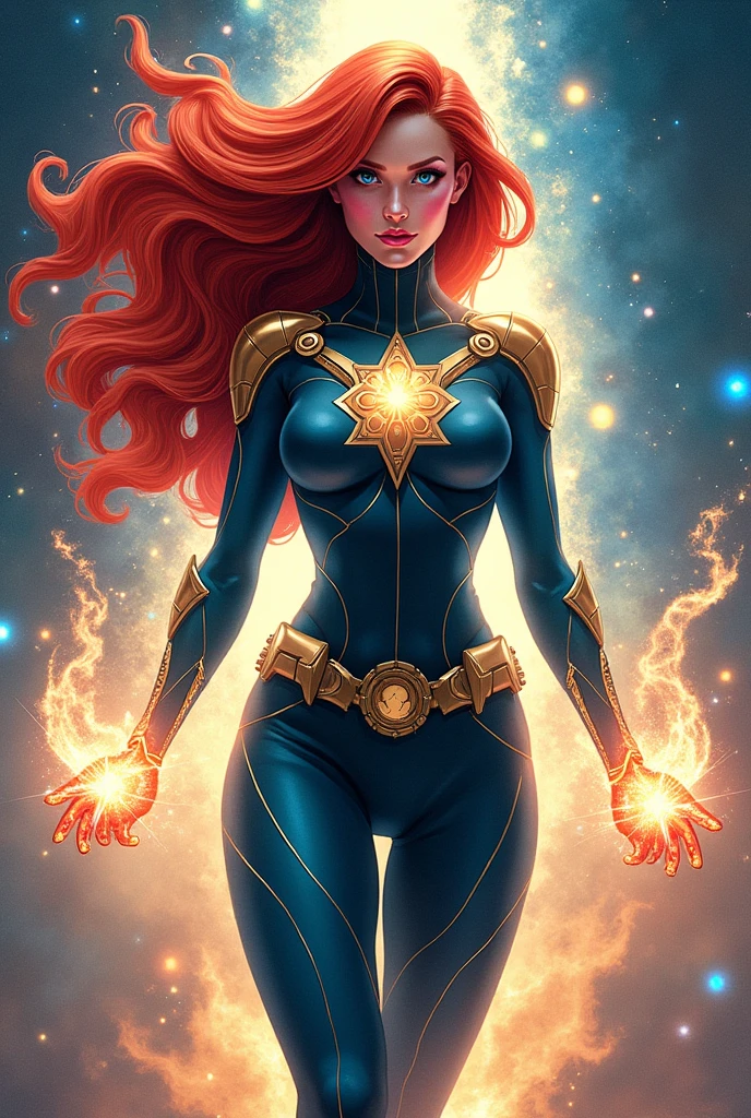 A red haired , pink skinned girl with a cool like costume with space rocks and a powerful aura anf flying she have a beautiful face and a long hair , have a marvel comics art