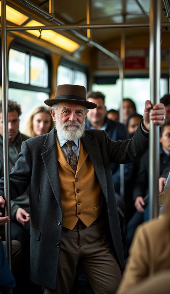 

"Une photo montre un vieux monsieur debout au milieu d'un bus bondé, grabbing the iron bar on his right with his right hand.Il est vêtu d'un costume démodé et captivant l'attention des passager au tour de lui .Les expressions des autres passagers varient entre curiosité et amusement, certains regardant le vieil homme avec un sourire amusé, others with a more neutral interest. The atmosphere of the scene is both lively and dynamic, highlighting the contrast between the old gentleman&#39;s energy and the monotony of the daily commute."

