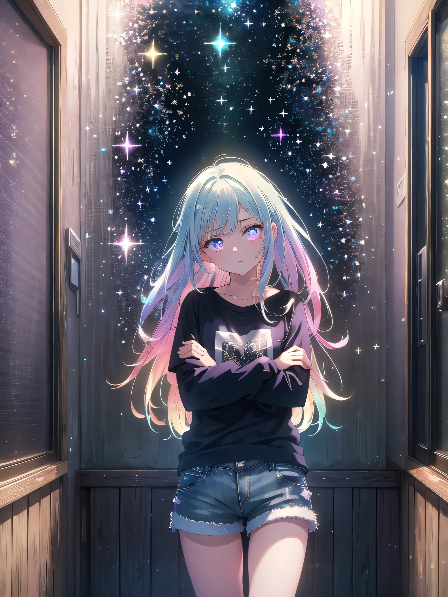 ((8k, Highest quality, masterpiece: 1.3)),Ultra-high resolution,(1 girl, alone), (Color changing eyes, Ultra-detailed, Expressive brilliance, Glitter, Glowing Eyes), Highly detailed eyes, Highly detailed face, Random Hair, ((pastel colour))A charming woman standing in the hallway, wearing a casual T-shirt and denim shorts. The midday light fills the space, highlighting her relaxed posture. She’s leaning against the wall, her arms crossed, with a slight frown on her face as if she’s deep in thought or mildly annoyed. She looks at the camera with an inquisitive expression, as if she’s waiting for her boyfriend to explain something or make a decision.