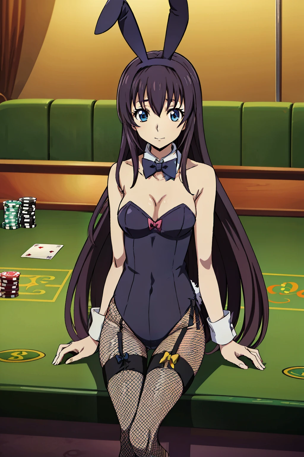 Black Hair,Long Hair,blue eyes,bangs, ((髪band)), Animeセル画スタイル,masterpiece, Highest quality, Very detailed, a Anime,, (((casino))), (((Playboy bunny, Fishnet tights, high leg, Bunny suit, tube top, bow tie))), (sitting on floor),Naughty anime style, Anime, Naughty style, Naughty, Digital anime art!!, Anime Style, Official artwork, Visual Novel CG, 美しいAnime, Anime Style 4k,