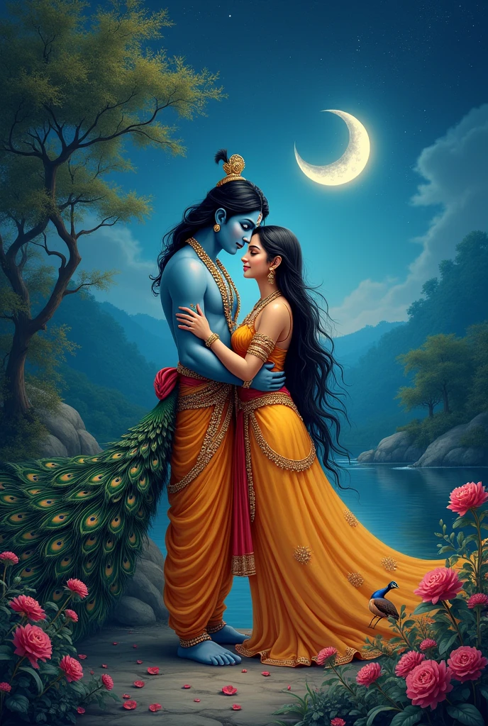 Krishna Radha nights cute moon peacock 
