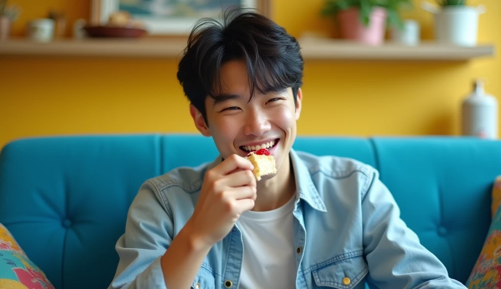 A Japanese male college student wearing fashionable clothes is sitting on a blue sofa with a cheerful expression and eating cake with a fork,Excited, Photo of your face, In a colorful room, with a natural look, With a slightly tired look, tilt your face a little, Diagonal orientation, Average face