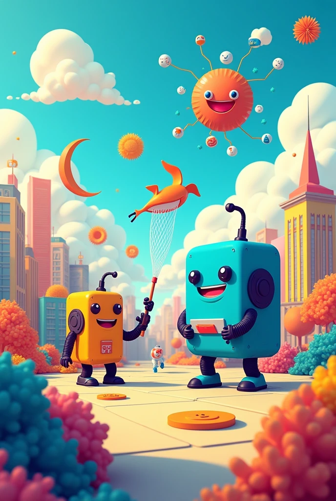 "Create a playful and imaginative image depicting companies collecting internet data from their users. Show a whimsical, cartoonish scene where various companies are represented as colorful, friendly characters, such as robots or anthropomorphic buildings, actively gathering data. Illustrate these characters using large, comical data collection tools like oversized nets or giant data vacuum cleaners. Users, depicted as cheerful individuals in a digital landscape, might be interacting with apps or websites, with data streams visually flowing from their devices to the companies. Include elements like floating graphs, data clouds, and playful visual effects to represent the data being collected. Use bright, vivid colors and a light-hearted, animated style to create a fun and engaging representation of data collection in the digital age."