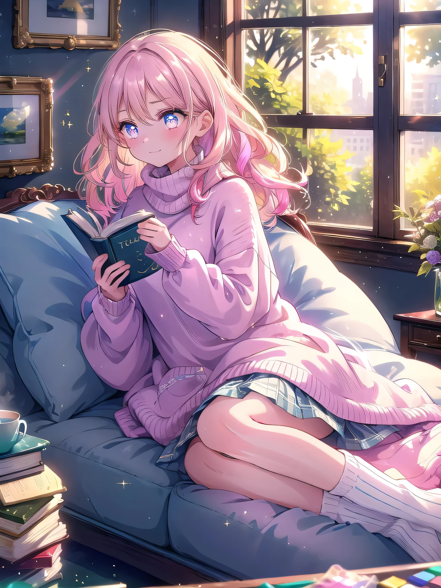 ((8k, Highest quality, masterpiece: 1.3)),Ultra-high resolution,(1 girl, alone), (Color changing eyes, Ultra-detailed, Expressive brilliance, Glitter, Glowing Eyes), Highly detailed eyes, Highly detailed face, Random Hair, ((pastel colour))A beautiful woman lying on the living room couch, curled up with a book. She’s dressed in a soft, oversized sweater and cozy socks, her hair falling loosely over her shoulders. The room is warmly lit by the afternoon sun, casting a peaceful glow. She’s deeply engrossed in her book, her brow slightly furrowed in concentration. She glances up at the camera with a shy, surprised smile, as if caught off guard by her boyfriend’s gaze.