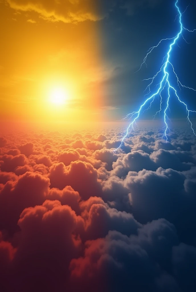 A sky of 3 colors, yellow, blue and red, simulating the flag of Venezuela, in a corner the radiant sun, On the other side a lightning bolt falls. 