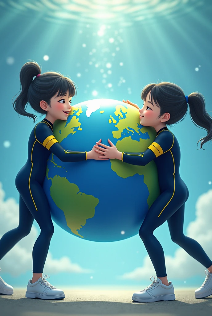 creates the happy planet earth being hugged and cleaned by 2 female high school students in a diver's uniform with a dark blue jacket and pants and yellow lines on the sides of the pants and arms with white sneakers