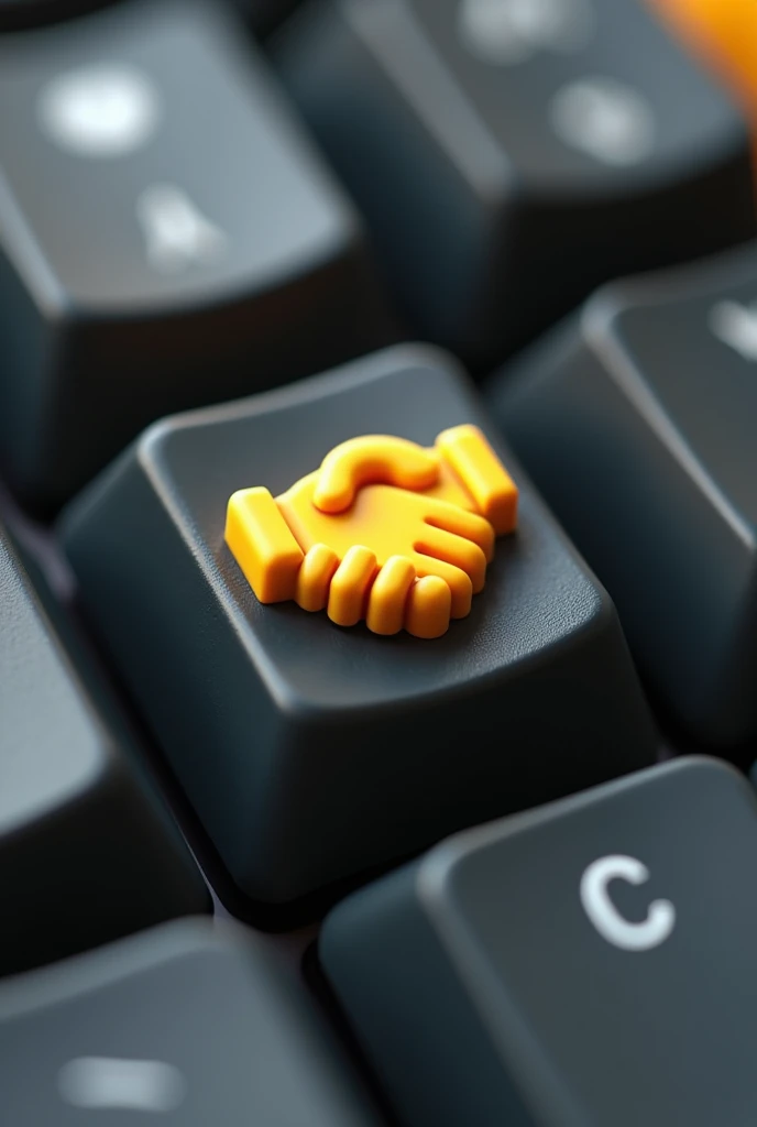 Make a 3D looking keycap, the printout should be a yellow handshake icon, the view should not be centered, must be taken at a photographic angle