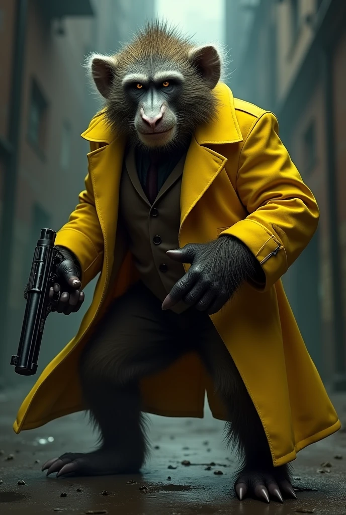 Mafia baboon standing with a gun wearing a yellow trench coat