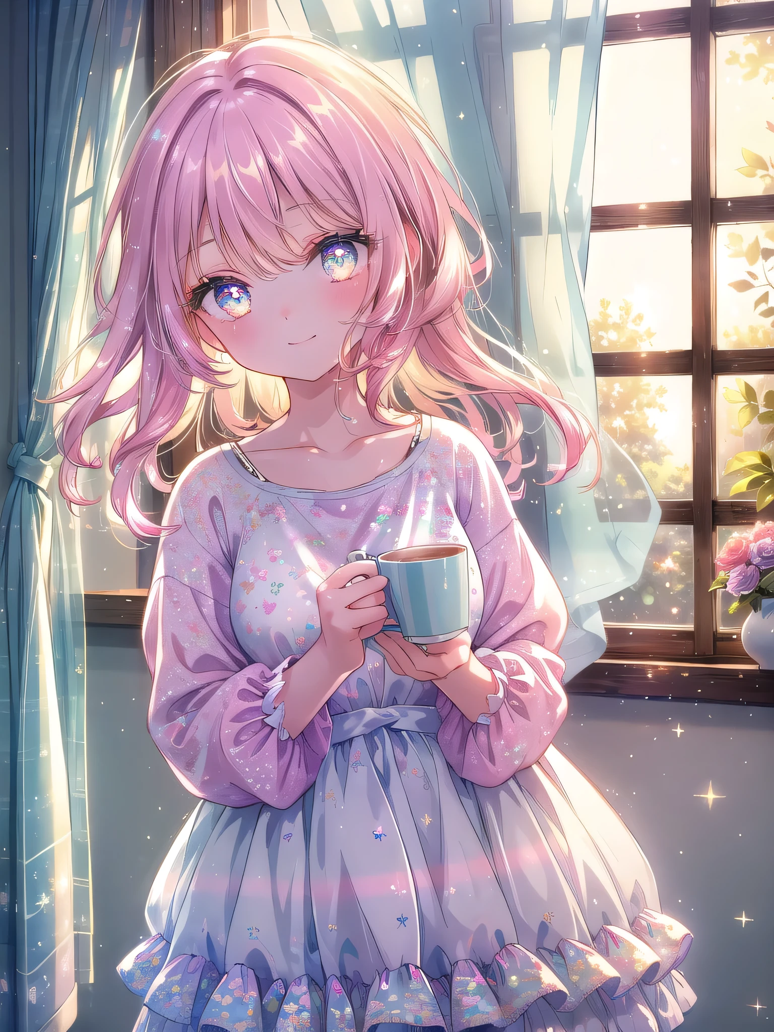 ((8k, Highest quality, masterpiece: 1.3)),Ultra-high resolution,(1 girl, alone), (Color changing eyes, Ultra-detailed, Expressive brilliance, Glitter, Glowing Eyes), Highly detailed eyes, Highly detailed face, Random Hair, ((pastel colour))A lovely woman standing by the window in her bedroom, wearing a simple tank top and pajama pants. The morning light streams through the curtains, illuminating the room in a soft, gentle glow. She’s holding a mug of tea, her expression serene and content as she gazes out at the world. She turns to the camera with a soft, sleepy smile, her eyes reflecting the warmth of the morning sun, as if she’s savoring the peaceful start of the day with her boyfriend.