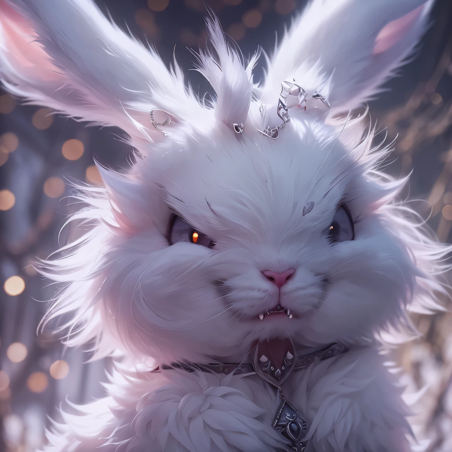 a cute but evil looking female white bunny, detailed bunny face, piercing eyes, sharp fangs, fluffy white fur, mischievous expression, detailed intricate patterns, fantasy, dark fantasy, digital art, highly detailed, 8k, photorealistic, cinematic lighting, dramatic shadows, moody atmosphere