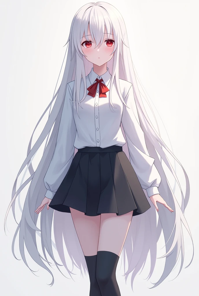1, tall, bright white hair, red eyes, she wears a school uniform, a short black skirt, long socks, a white shirt, her skin is bright white, she is a calm and kind person.