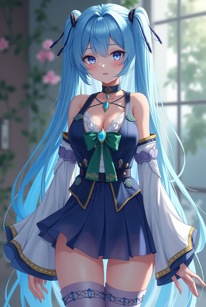 a 8k realistic photo for a young woman, around 1. as possessing beauty no human could match, she has light blue hair and eyes, a voluptose figure, long legs, wide hips, and blue waist-long hair that is partially tied into a loop with a spherical clip. she is 5'2" (157 cm) tall also she weighs 132lbs (59.9kg).
she uses a sleeveless dark-blue vest with white trimmings, a short dark blue miniskirt, a green bow around her chest with a blue gem in the middle, a translucent purple underskirt, and detached white sleeves with blue and golden trimmings. She wears thigh-high blue heeled boots over white stockings with blue trimmings., photo