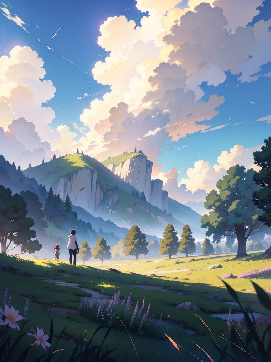 ANIME - anime scene of a green grass field with sky, anime scenery, anime landscape, anime beautiful peace scene, beautiful anime scene, beautiful anime scenery, anime nature wallpap, anime nature, anime countryside landscape, style of makoto shinkai, makoto shinkai!!, anime background, anime scene, makoto shinkai!, beautifull puffy clouds. 4K, 8K, ULTRA DETAILED