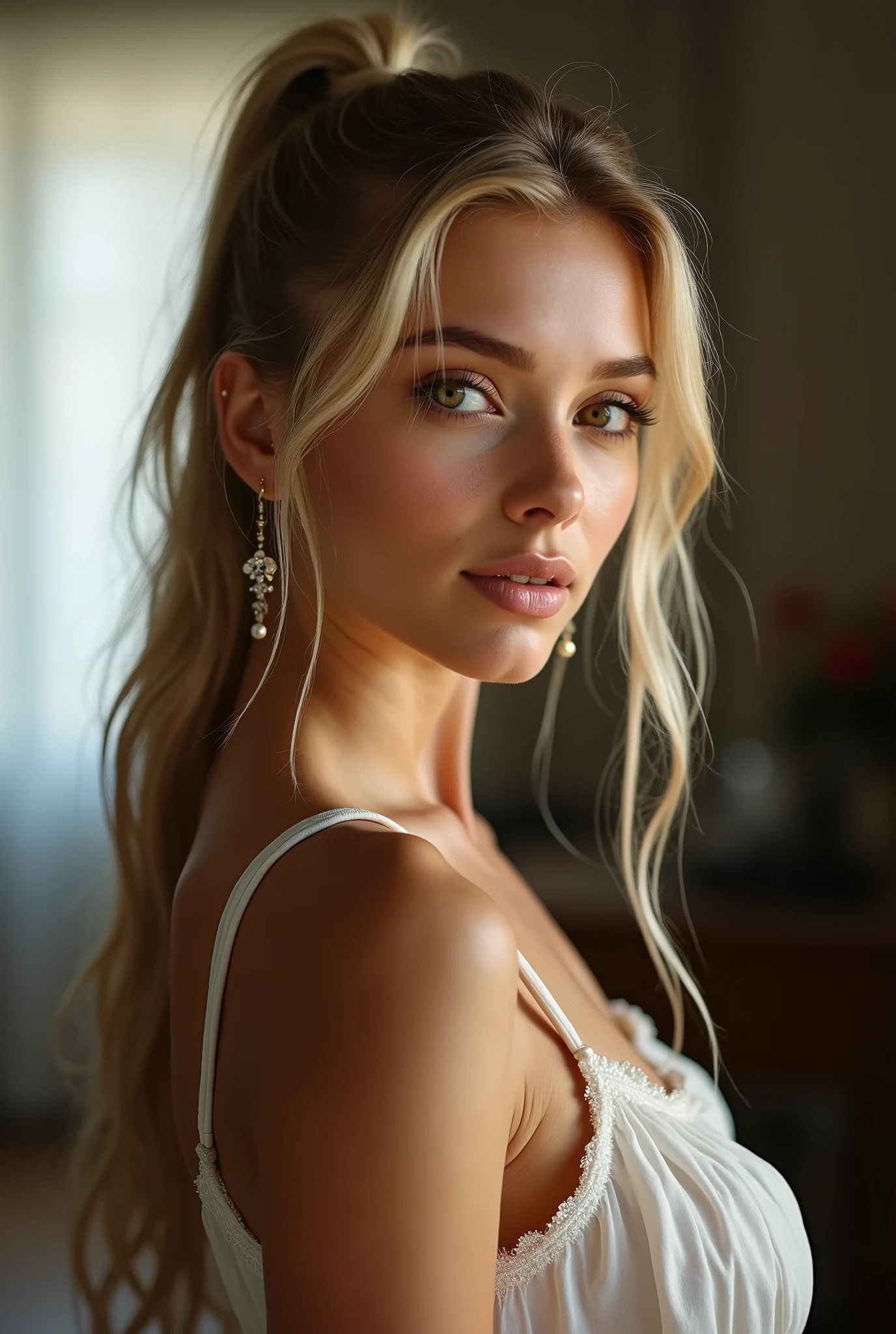 best quality, masterpiece, highres, 1 girl, 1, European girl, long blonde hair in a ponytail, jewelry, Beautiful face, photo-realistic, studio lighting, (high detailed skin:1.2), 16k uhd, dslr, soft lighting, high quality, volumetric lighting, candid, Photograph, high resolution, 16k, Bokeh, large breasts, full-length full body picture