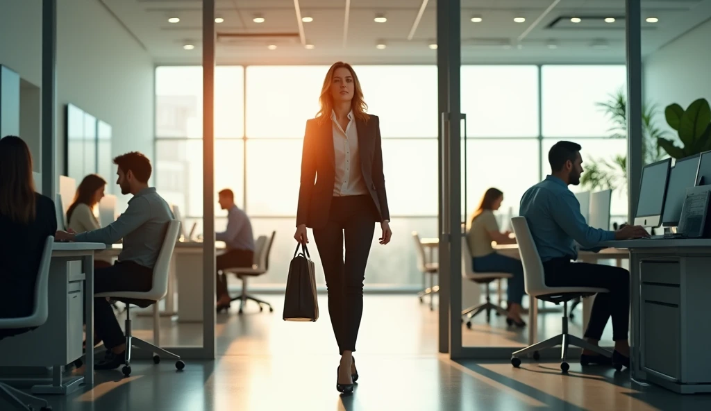 realistic image of "A bright and modern office in the morning, with Valeria entering through the door, His expression is serene but with a touch of nervousness. Wear smart work clothes, with a briefcase in hand. Employees are at their desks, working or talking in small groups. Natural light coming through the large windows reflects a new day of work, while Valeria, Spotlight, She seems slightly worried."