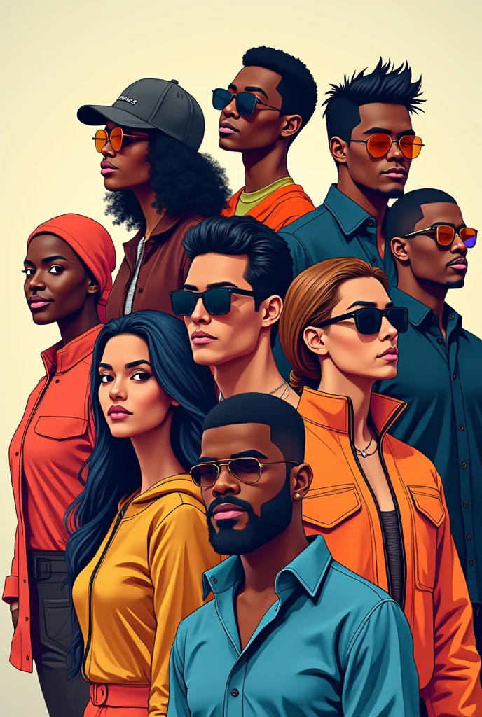 "Create a dynamic vector portrait titled 'Cruise Squad 2025.' The artwork should feature a group of futuristic, stylish individuals, each with a unique, vibrant appearance. Use bold colors and clean lines to highlight their distinct personalities and attire. The individuals should be positioned together, showcasing a sense of camaraderie and adventure. The background should be simple yet complementary, perhaps incorporating abstract or geometric elements to enhance the futuristic theme. Aim for a modern, energetic look with a focus on sharp details and smooth gradients."